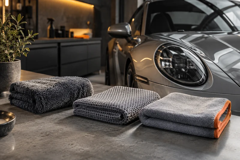 Plush, waffle-weave and loop-weave drying towels beside a car hood