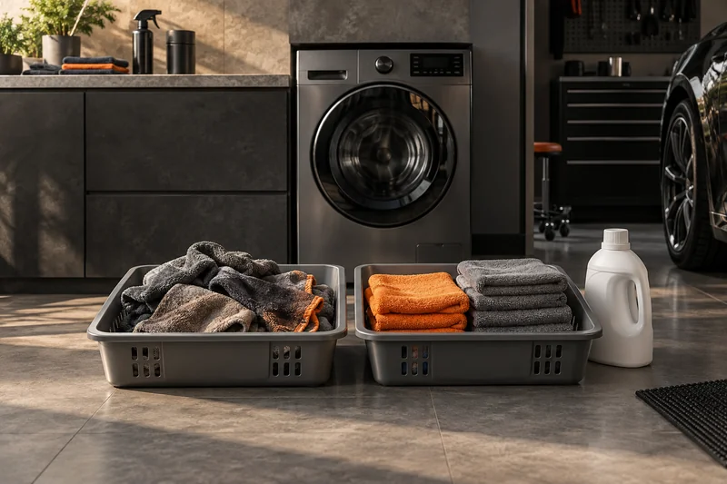 Microfiber towels on separate trays beside a washer and plain detergent bottle