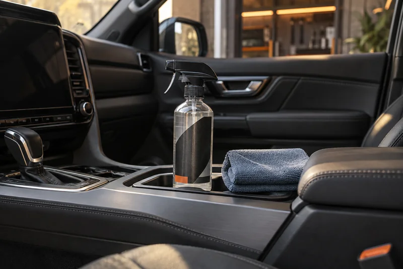 Interior-cleaner bottle and blue-gray cloth beside matte console trim Interior-cleaner bottle and blue-gray cloth beside matte console trim