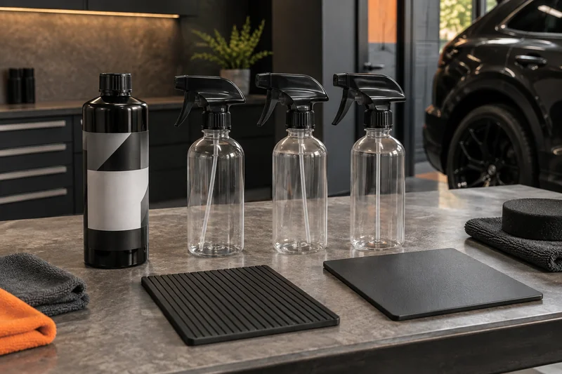 Concentrate bottle and empty measuring spray bottles beside material samples