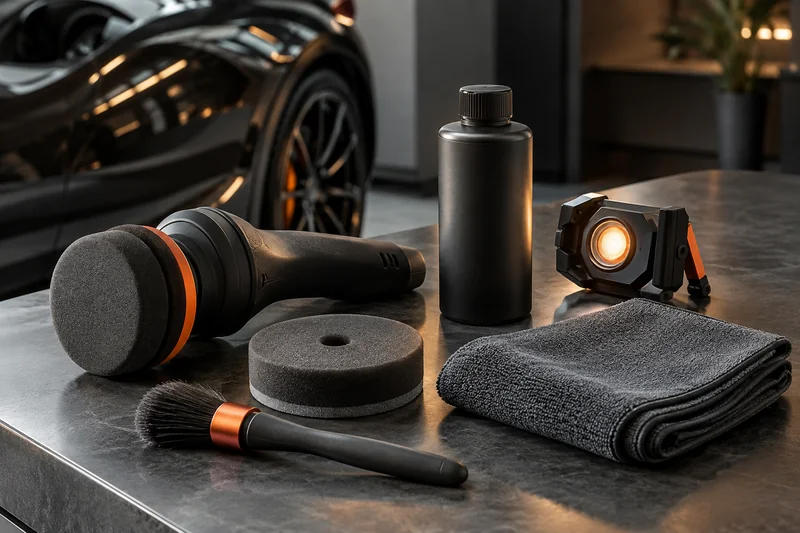 Hand applicator, finishing pad, inspection light and plain bottle arranged before work. Hand applicator, finishing pad, inspection light and plain bottle arranged before work.