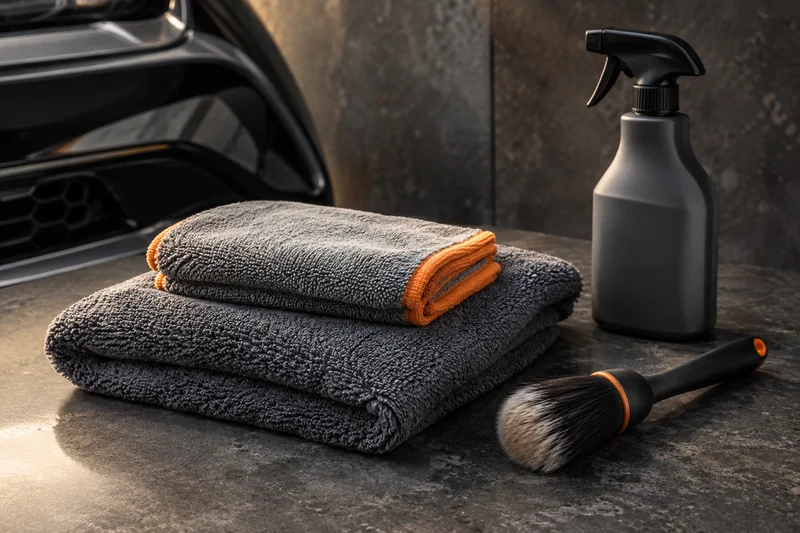 Different towel sizes, a detailing brush and cleaner bottle laid out before buying.