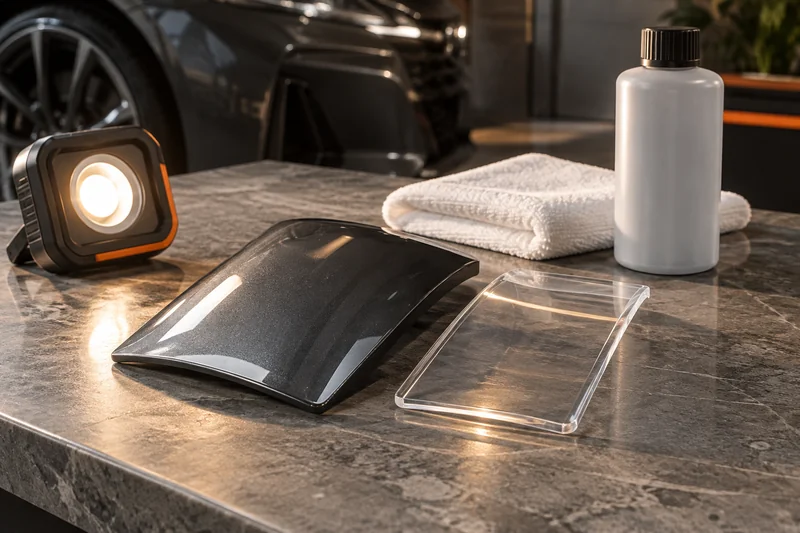 Painted and clear-plastic samples with inspection light, cleaner bottle and microfiber.