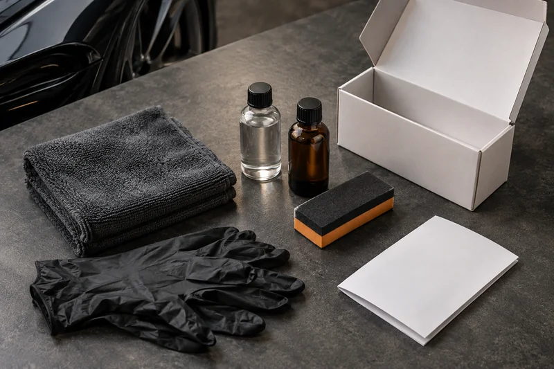 Unbranded treatment bottles, applicator and blank instruction booklet laid out together.