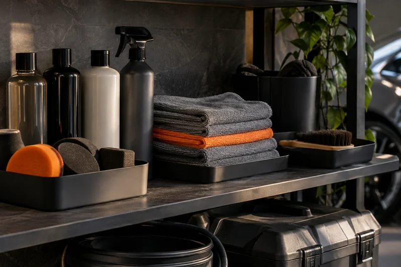 Closed bottles, dry microfiber towels and separate application tools on a clean shelf.