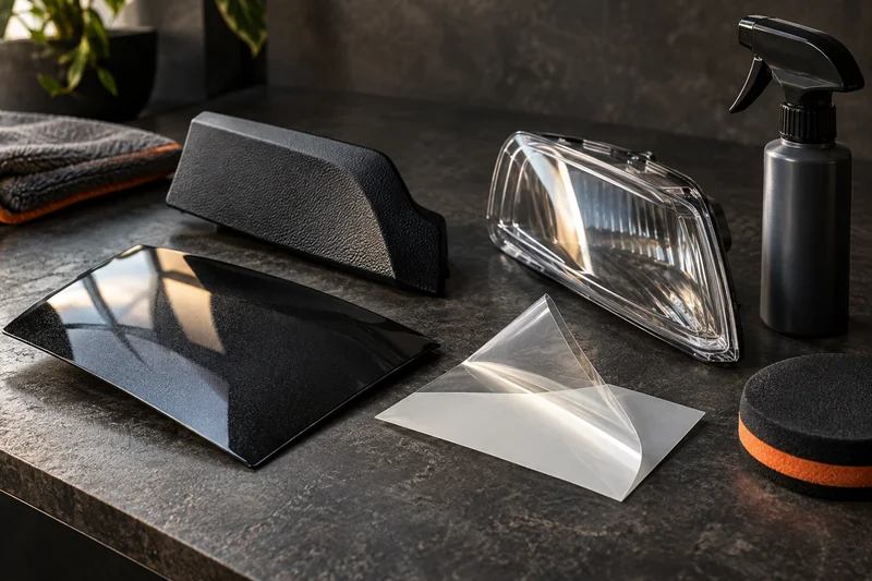 Paint, film, textured trim and clear plastic samples beside a plain bottle and applicator.