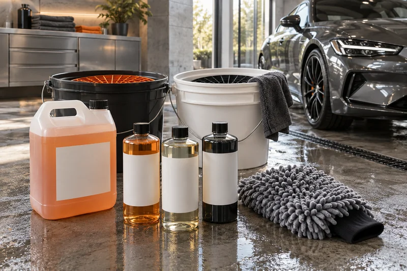 Car wash bottles, a wash mitt and grit-guard buckets in a clean studio