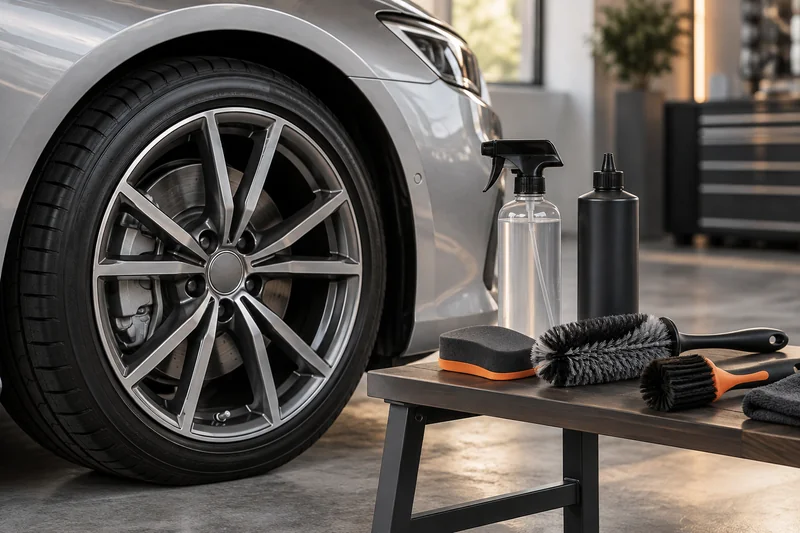 Wheel cleaner, tire dressing and brushes beside a clean alloy wheel