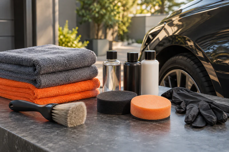 Microfibers, applicators, gloves and plain treatment bottles prepared beside a car.