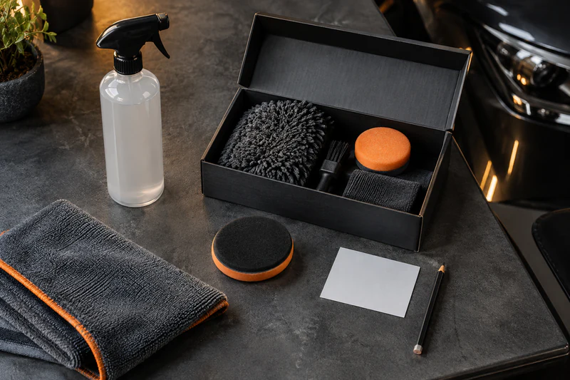 Plain cleaner bottle and separate detailing kit ready for a package-size check. Plain cleaner bottle and separate detailing kit ready for a package-size check.