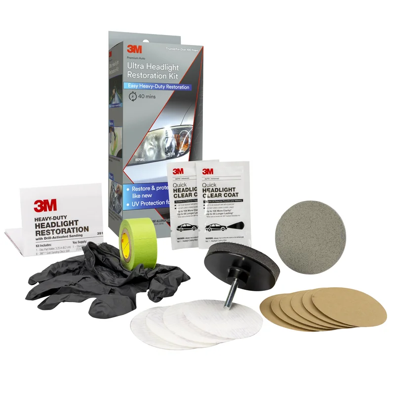 3M Ultra Headlight Restoration Kit package with sanding discs, a disc holder, gloves, green tape and clear-coat packets.