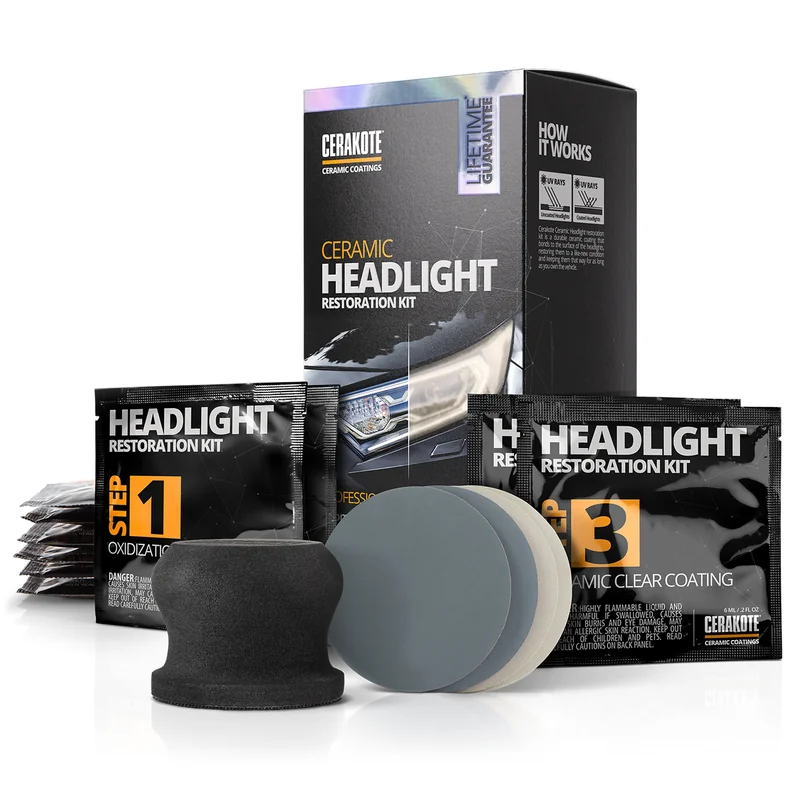 CERAKOTE headlight restoration kit box with Step 1 and Step 3 packets, sanding discs and a hand sanding holder.