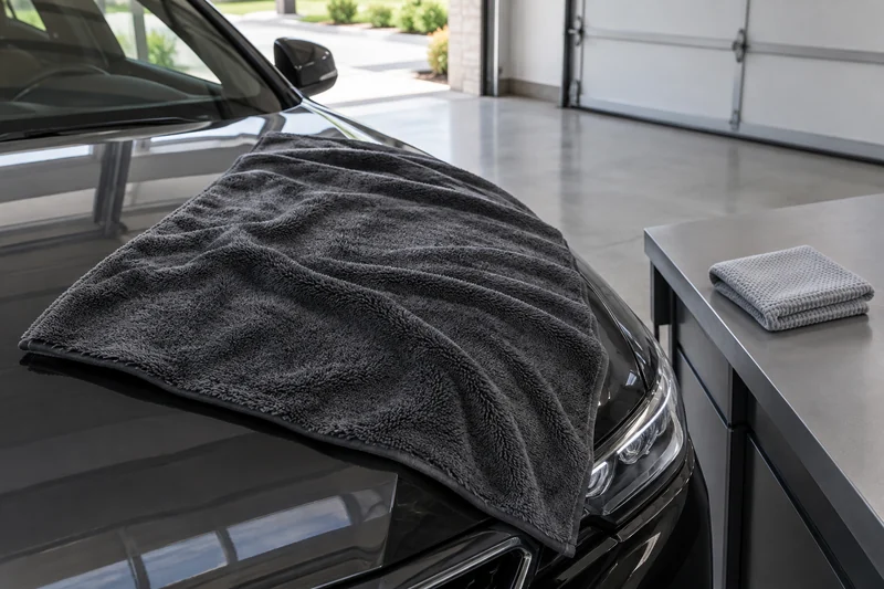Large and compact car drying towel formats A large charcoal microfiber drying towel lies across a dark car hood while a smaller folded gray waffle-weave towel rests on the adjacent bench.