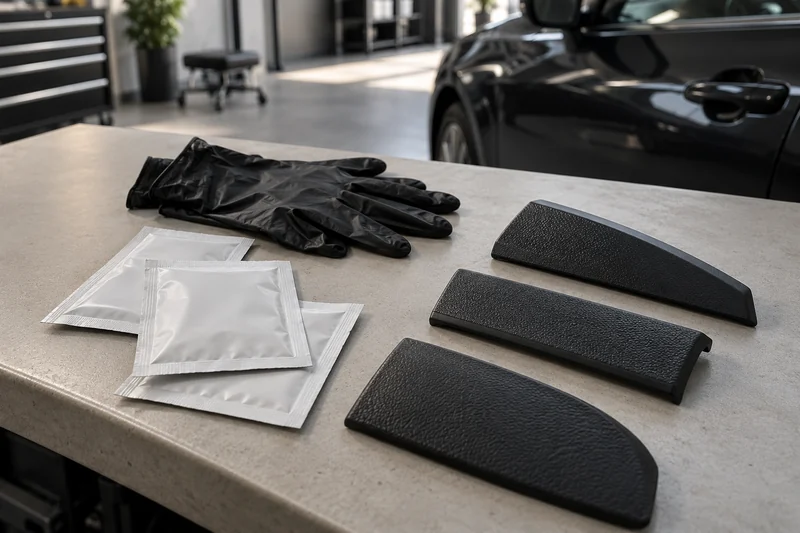 Unmarked wipe sachets, black gloves and three textured black trim samples on a garage bench