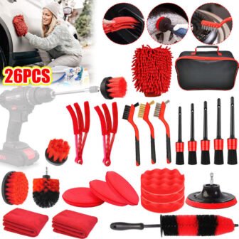 26pcs Car Cleaning Kits Interior Exterior Auto Detailing Wash Drill Brush Engine